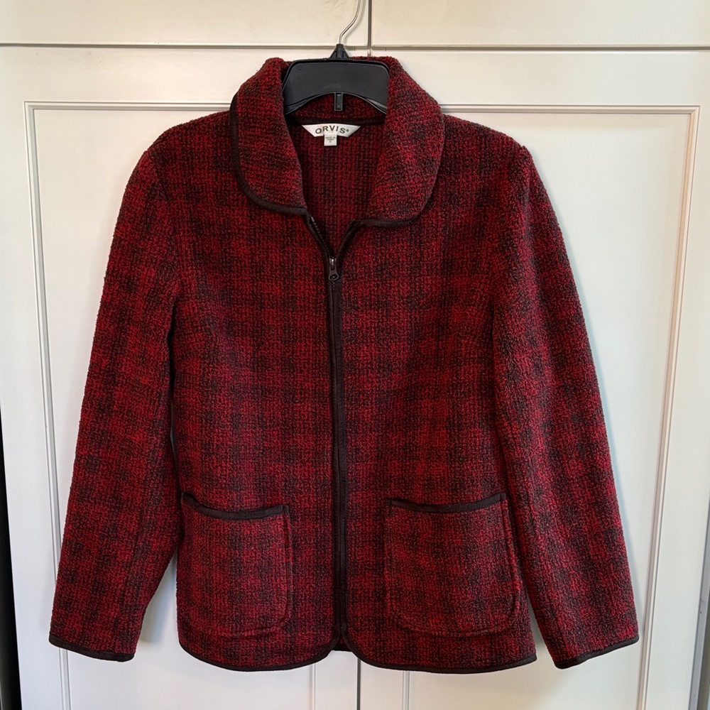 Orvis Red and Black Plaid Teddy Jacket. Zip Front. Size S